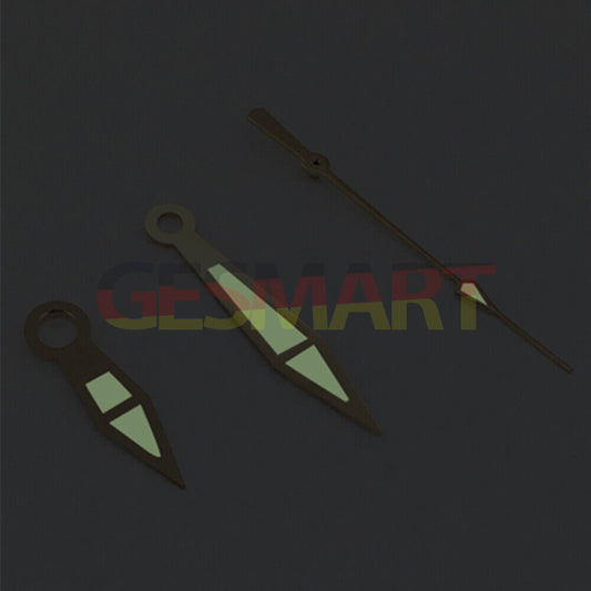 Rose gold luminous watch hands with green trim, compatible with Asian 8215/2813/8205 movements, precision design.