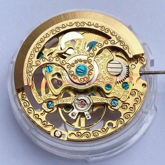 Shanghai Golden hollow carved automatic mechanical watch with 3 hands, showcasing intricate craftsmanship and precision.