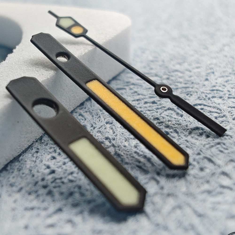 C3 Super Green and Orange lume watch hands for NH series, bright glow for clear time reading.