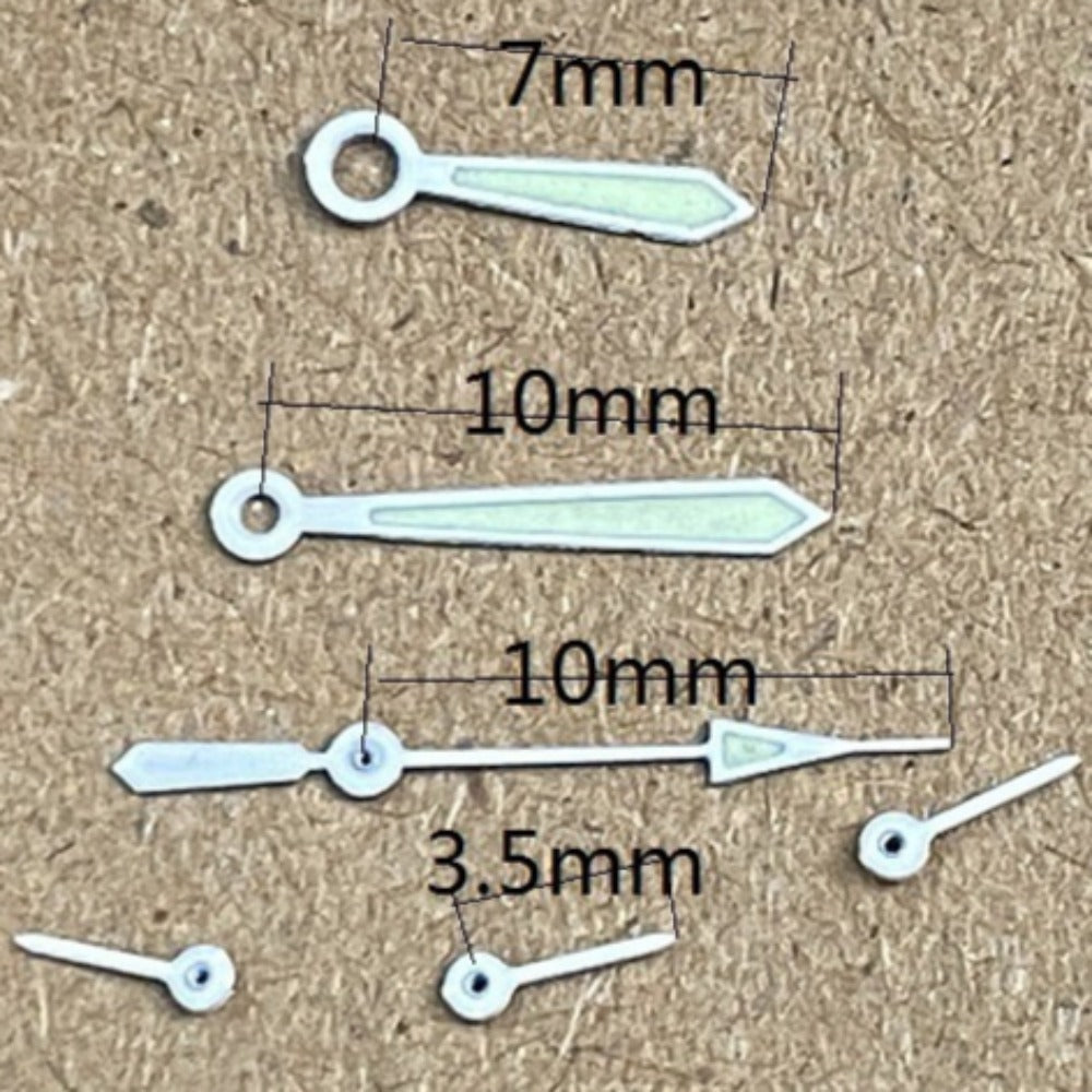 10mm silver-trimmed green lume watch hands for Miyota OS10 OS20 OS30 movements, precise and luminous.