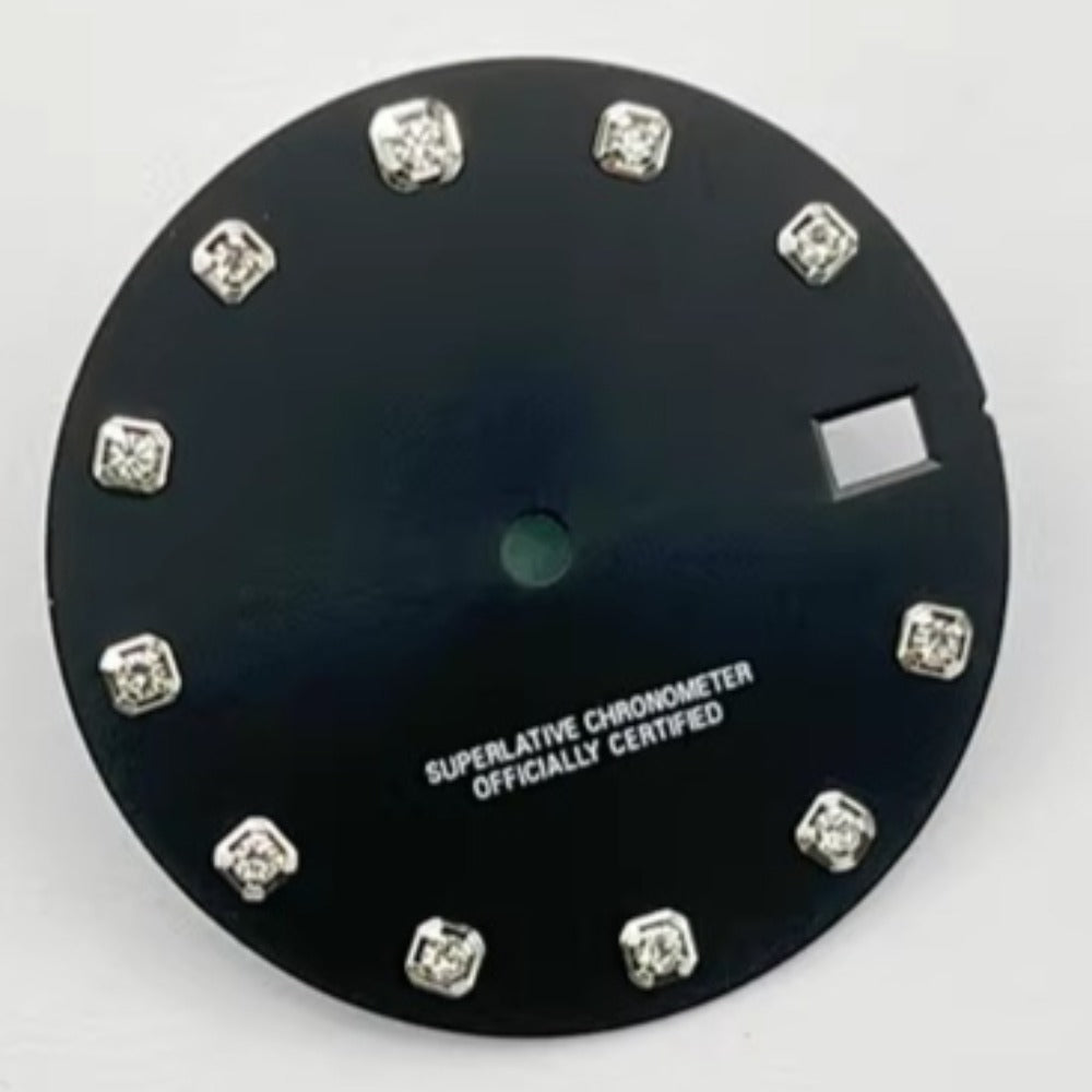 28.5mm black rhinestone watch dial for NH35A/4R35 movement, no logo, stylish accessory.