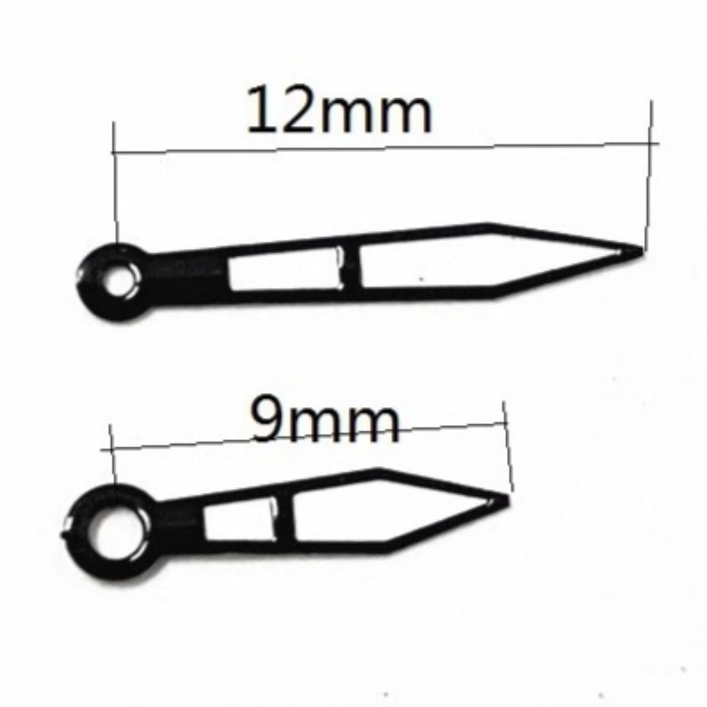 Black trim green lume watch hands, 9x12mm, compatible with Ronda 763 762 751 1062 1063 movements.