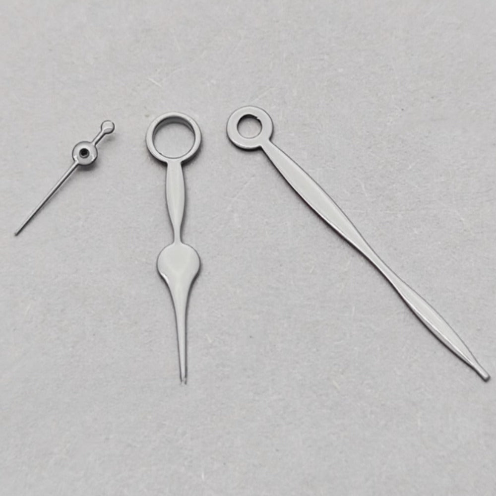 Silver watch hands set, sized 16.5x11.5x5mm, compatible with ETA6497, 6498, ST3600 movements.