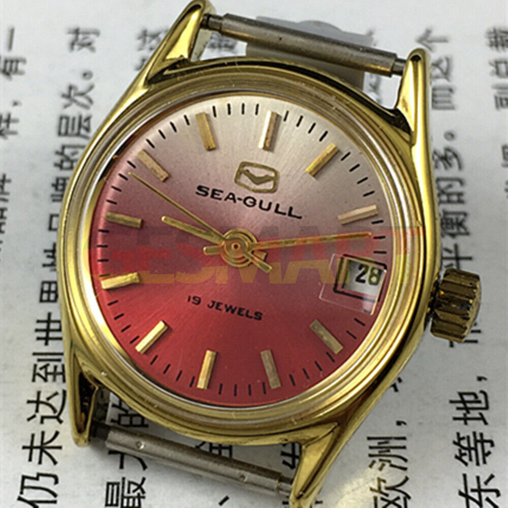 Montre mécanique manuelle Seagull pour femme, dégradé de rouge, clou doré, calendrier simple