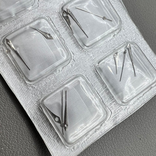 Silver arrow-shaped pointed watch hands set for Miyota 2035, 2115, 2105, 2305 movements, 3 pairs.