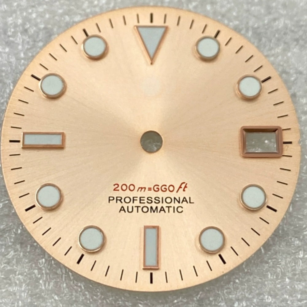 Green lume rose gold nail watch dial with rose gold trim, designed for NH35/36 movements, stylish accessory.