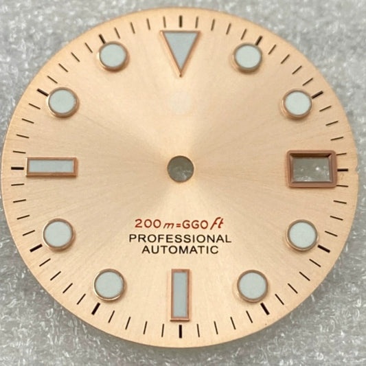 Green lume nail watch dial with rose gold trim for NH35/36 movement, elegant accessory.