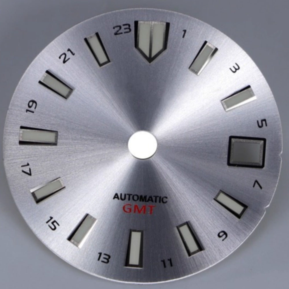 Solid Silver 28.5mm MOP modified seashell watch dial with NH34 GMT movement compatibility.