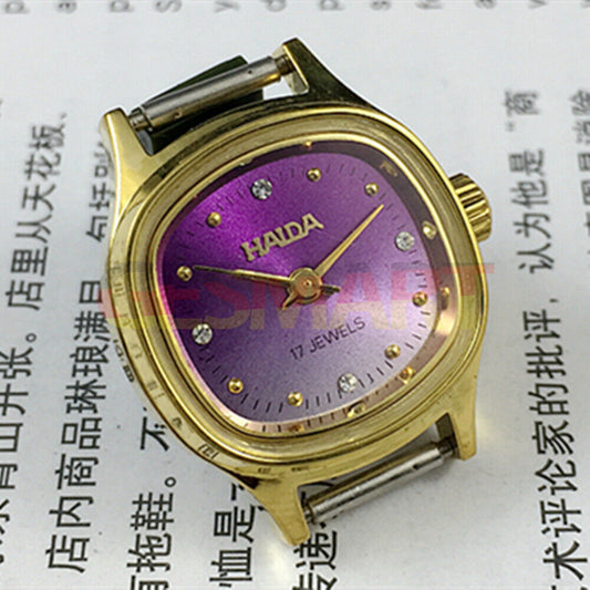 SHANGHAI HAIDA manual mechanical lady watch with golden nails, purple dial, and square case design