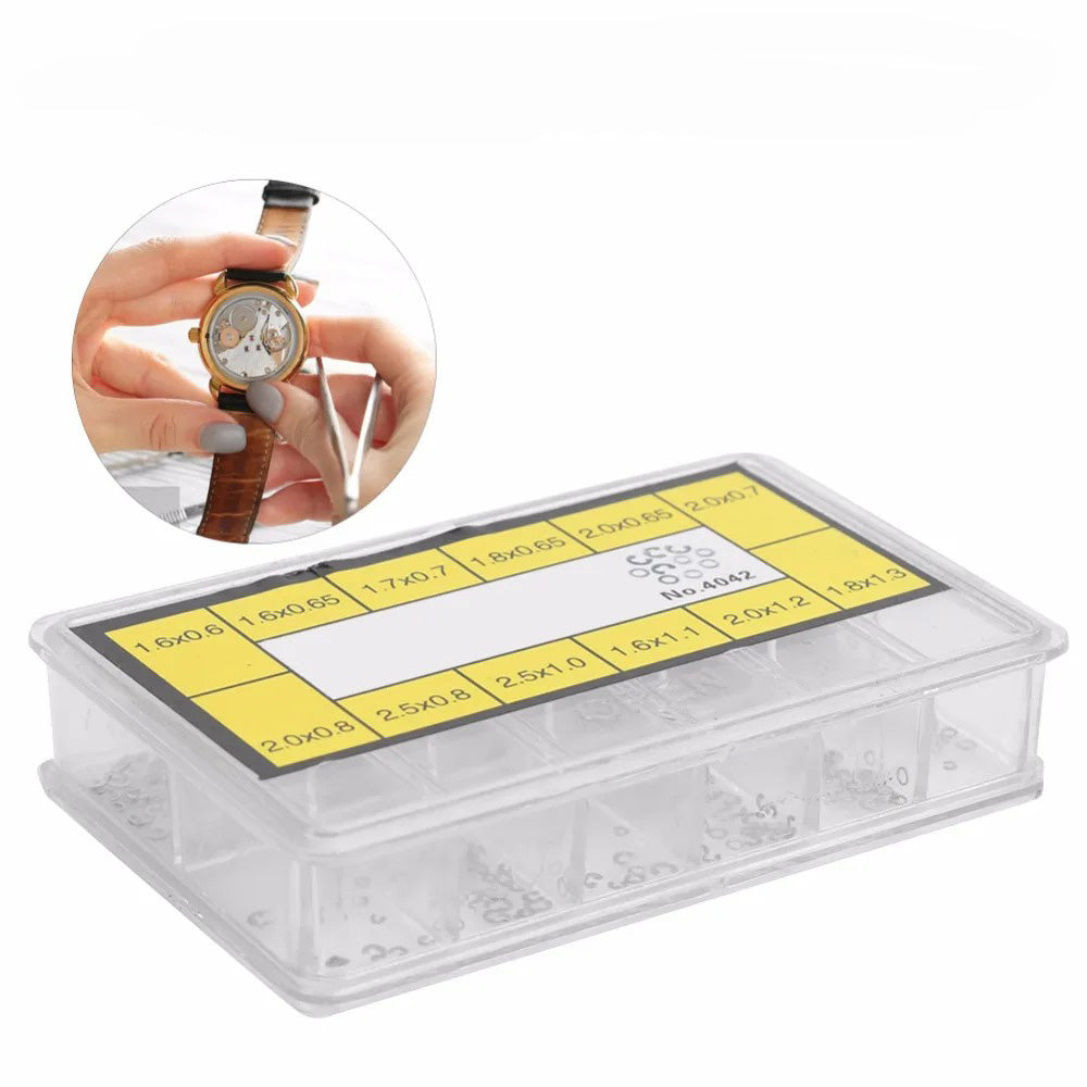 360pcs watch washer clip set with 12 sizes, ideal for chronograph repair and watch pusher button adjustment.