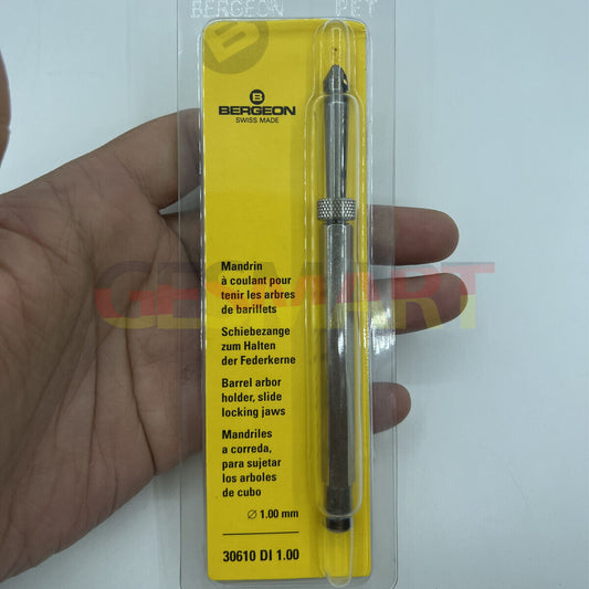 Bergeon 30610 barrel arbor holder for precise watch repair, fits 0.90-1.75mm barrels.