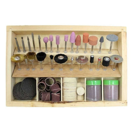 Rotary tool polishing wheel set with 100 pieces in wooden storage box for detailed watch accessory finishing.