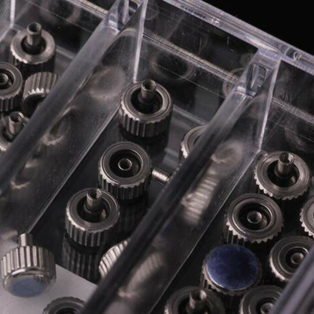1. Assorted 100pcs stainless steel watch crowns, sizes 3.0-8.0mm for precise watch repair.