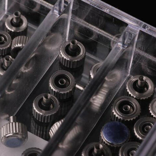 1. Assorted 100pcs stainless steel watch crowns, sizes 3.0-8.0mm for precise watch repair.