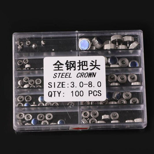 1. Assorted 100pcs stainless steel watch crowns, sizes 3.0-8.0mm for precise watch repair.