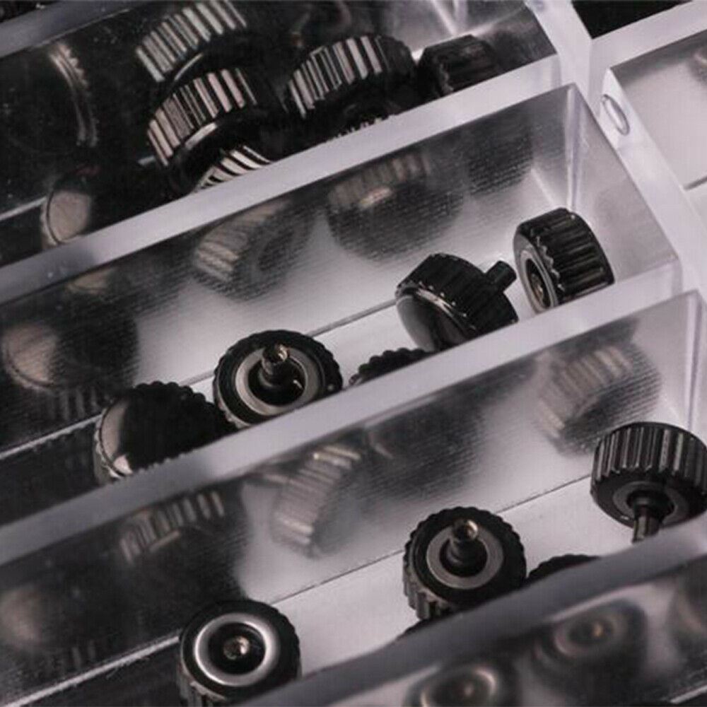 Assorted 100pcs stainless steel watch crowns, sizes 3.0-8.0mm, perfect for detailed watch repairs.