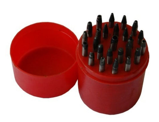 Set of 25 steel transfer punches for machinists; precision threading tools for accurate hole marking.