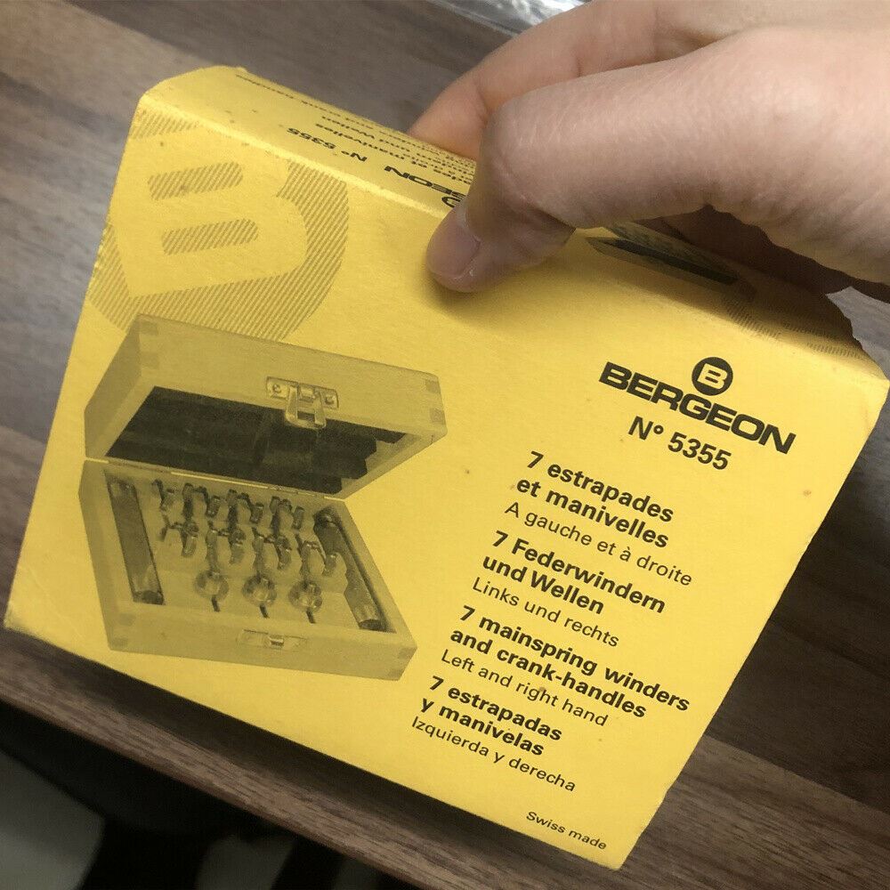 Bergeon 5355 watch mainspring winder set in wooden box, precision Swiss tool for watch repair