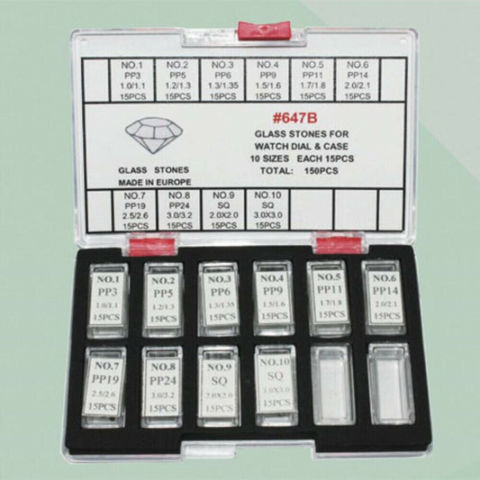 Set of 150 artificial glass stones in 10 sizes for watch dials and cases, perfect for repairs and customization.