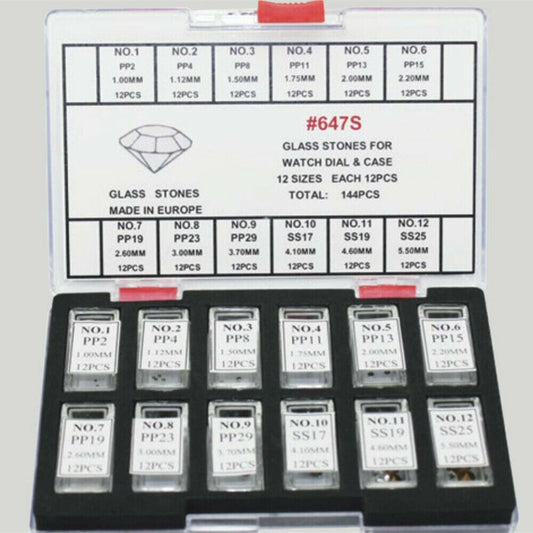 Set of 144 artificial glass stones in 12 sizes for watch dials and cases, enhancing design precision.