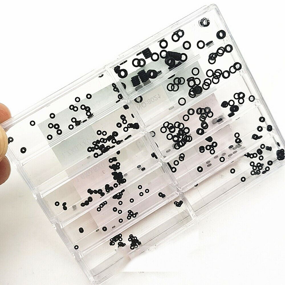 Small rubber watch crown seals, waterproof O-rings, 10 sizes per box for precise watch accessory repairs.