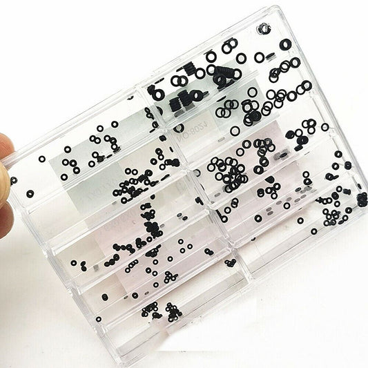 Small rubber watch crown seals, waterproof O-rings, 10 sizes per box for precise watch accessory repairs.