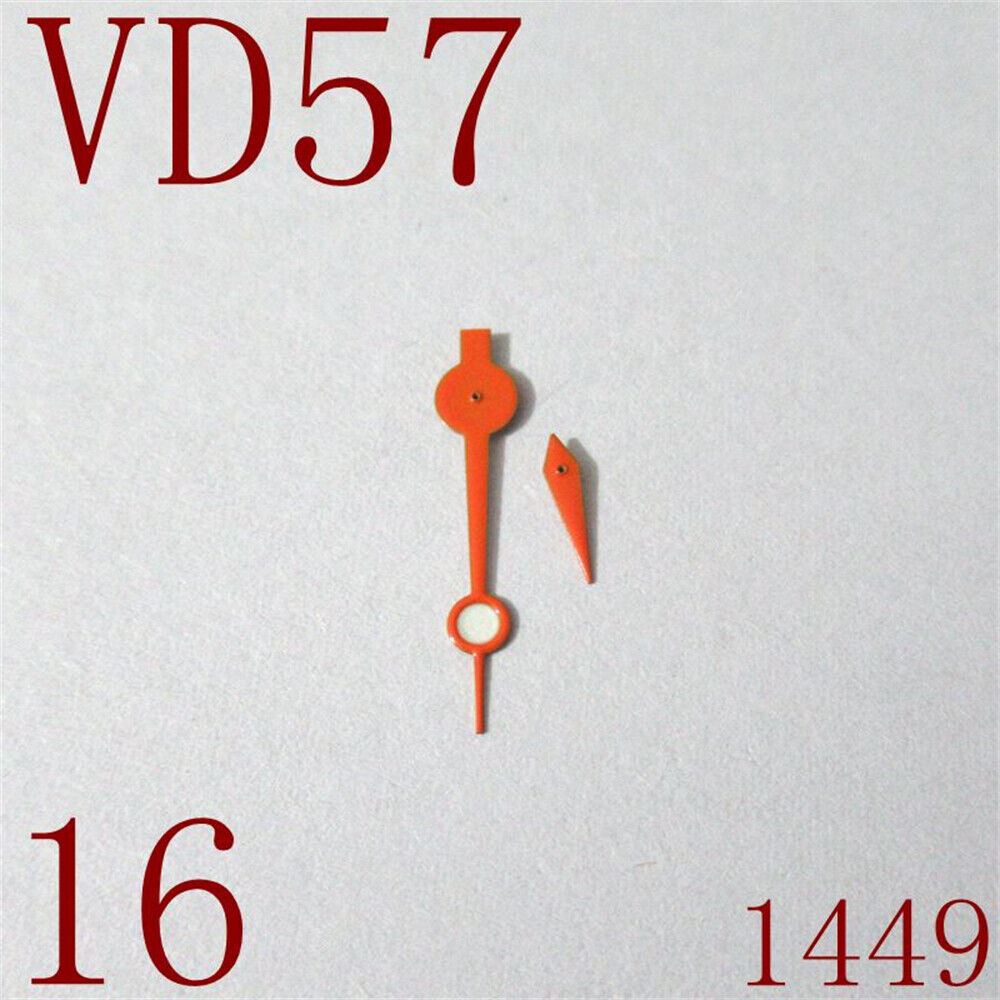 Orange watch hands set for VD57 movement with hour, minute, and second hands by Brand 1449