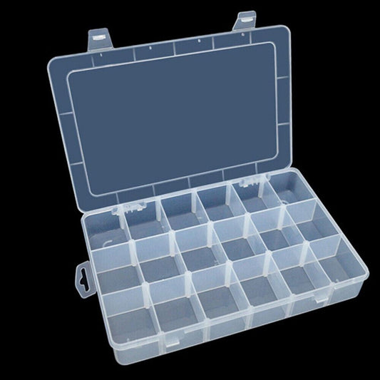 18-grid transparent plastic storage case by EKB, ideal for organizing small watch accessories.