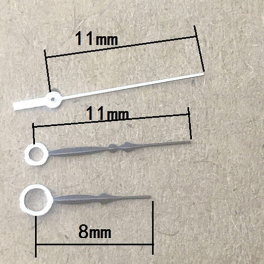 11mm black watch hands for Miyota 8205 quartz, sleek non-luminous design.