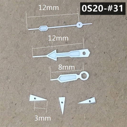 Silver-trimmed green luminous watch hands for Miyota 0S20 quartz movement, enhancing readability and style.