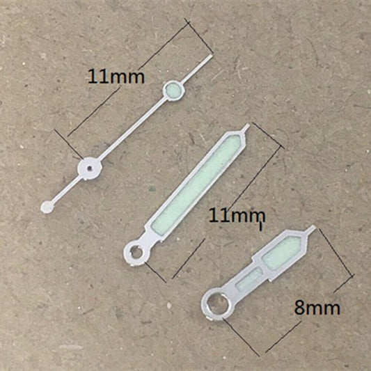 11mm silver trim green lume pointed watch hands, compatible with Miyota 6M12 quartz, precise timekeeping.
