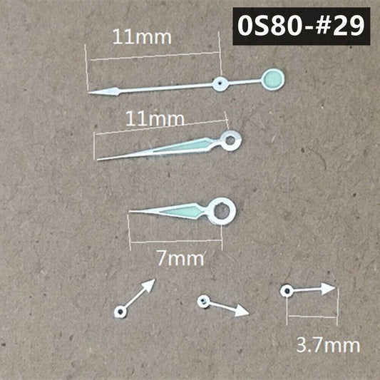11mm green luminous watch hands with pointed silver trim for Miyota 0S80 movement