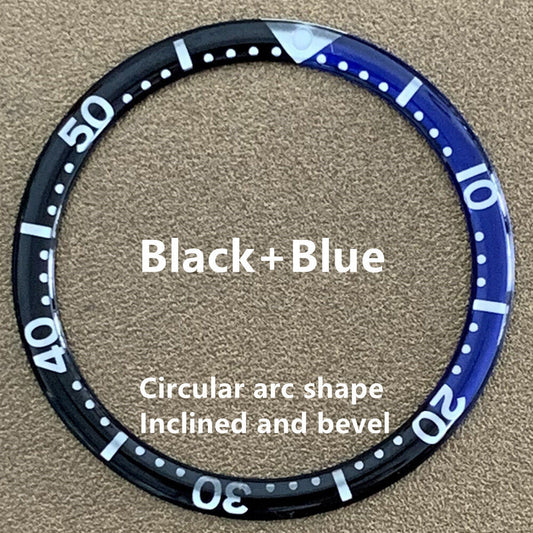 Black and blue aluminium watch bezel insert 39mm/32.2mm, circular arc bevel design for enhanced style and durability.