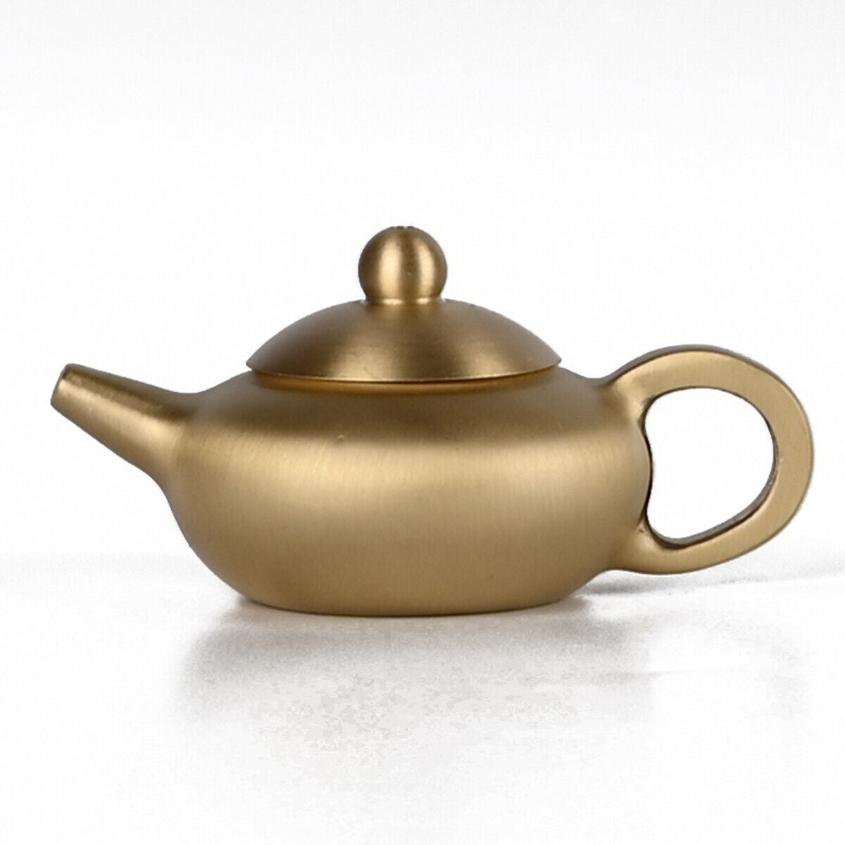 Copper golden teapot figurine, vintage 7cm hand-carved bronze model, elegant watch accessory decor.