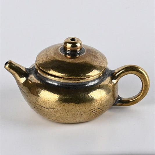 Vintage copper golden teapot figurine, 6.2cm hand-carved bronze model for unique decor