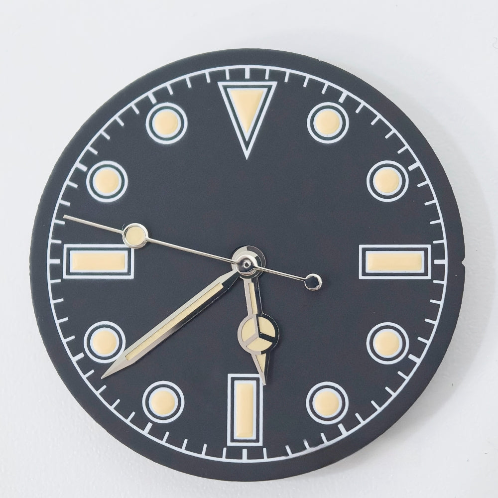 Vintage watch dial with green lume and golden trim hands, compatible with NH34 NH35 movements, for classic style.
