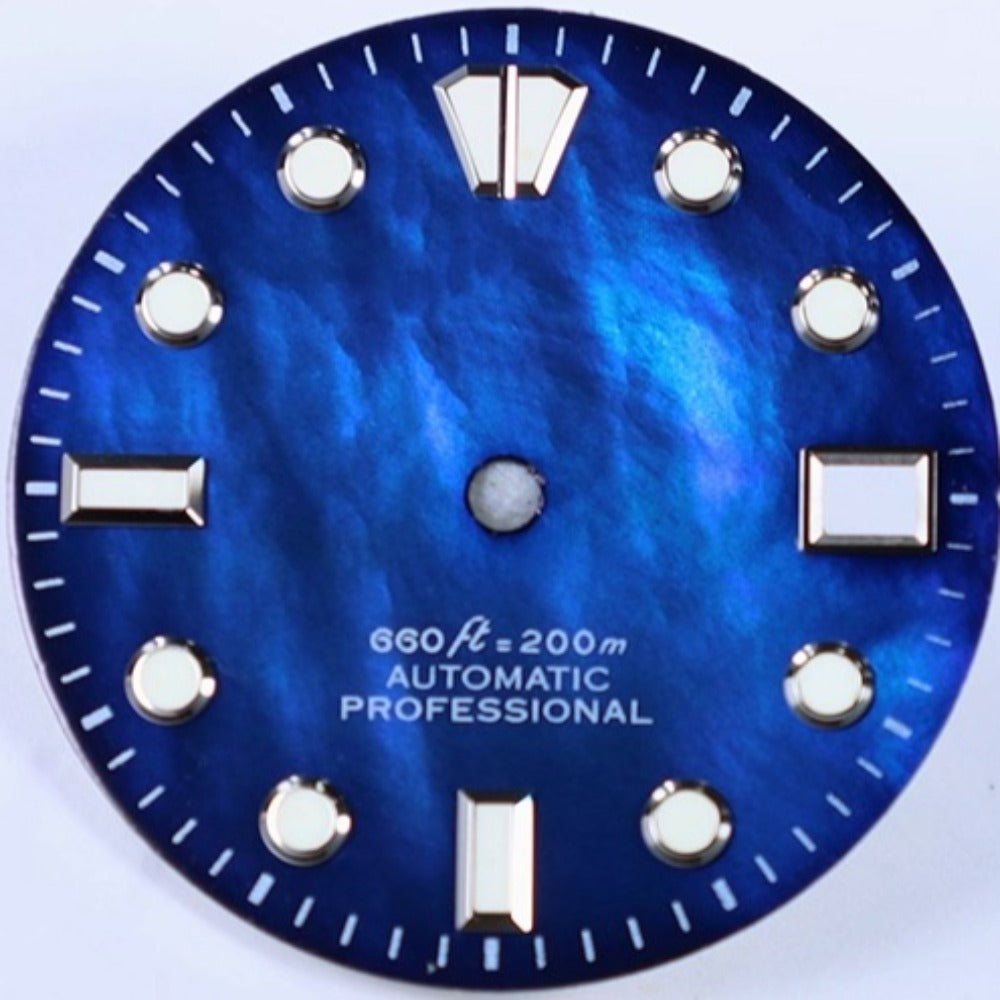 Shined Blue 28.5mm watch dial with blue lume and natural seashell vein, compatible with NH35 movements.