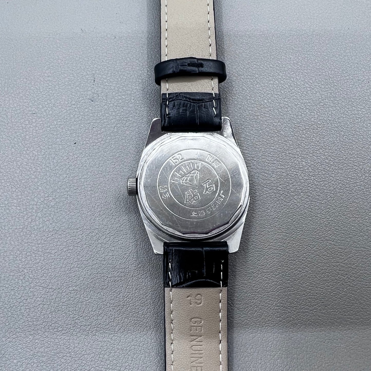 38mm DIAMOND Black Strap Manual Mechanical Watch 17 Jews White Dial Silver Case