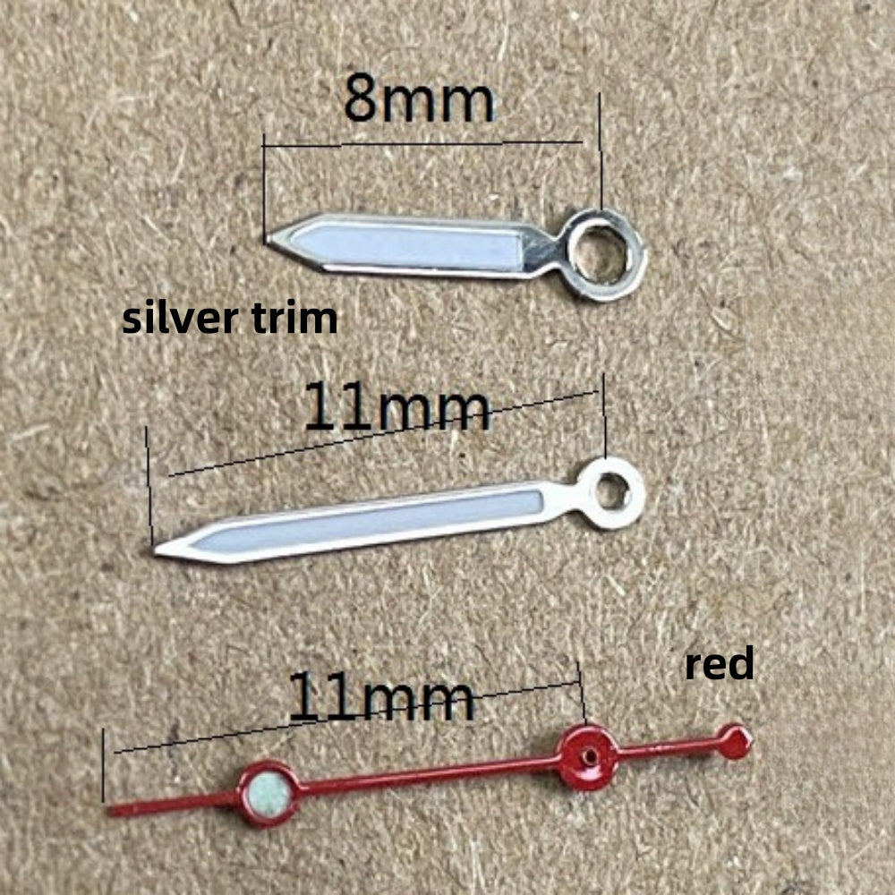 11 x 11 x 8 mm, roter Sekundenzeiger mit silberner Zierleiste, Uhrzeiger-Set für Ronda 515 Quarzwerk