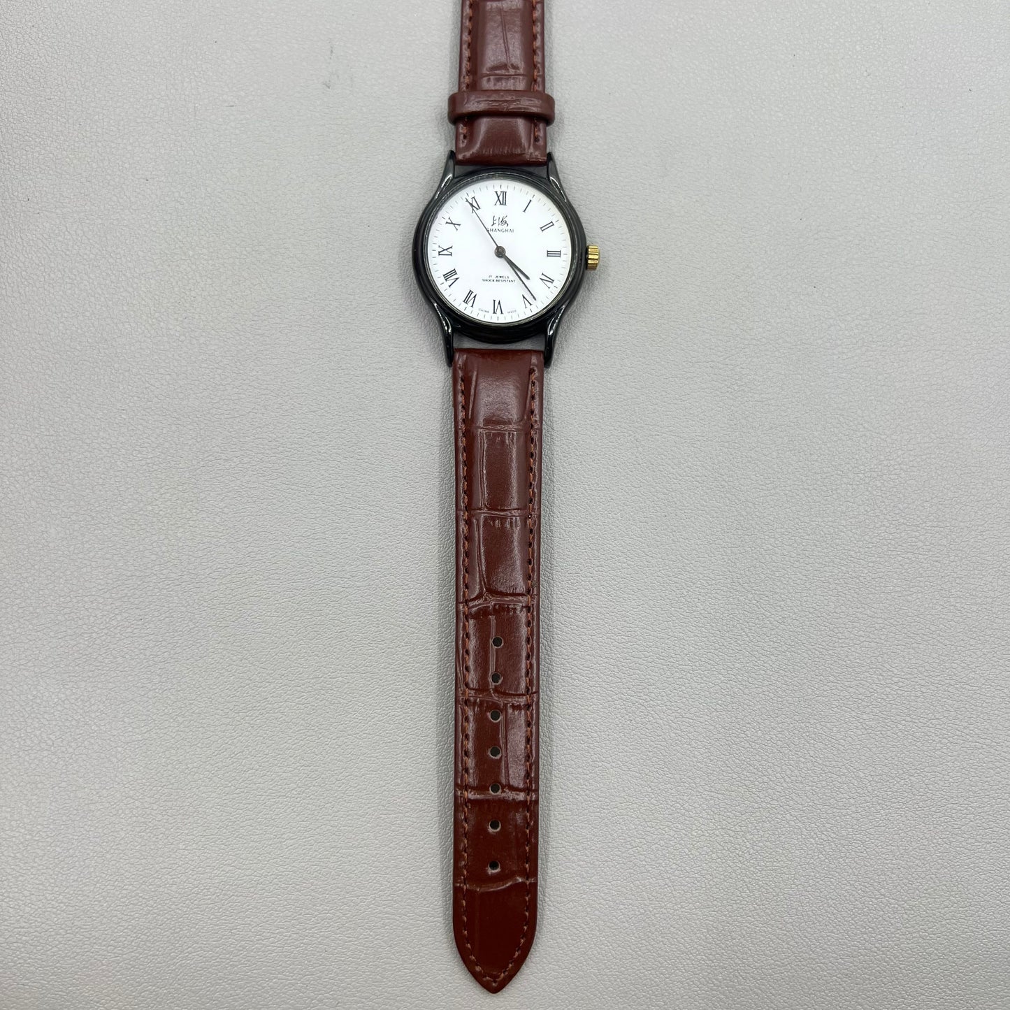 37mm Shanghai Brown Leather Strap Manual Mechanical Watch Roman Numerals 17 Jews