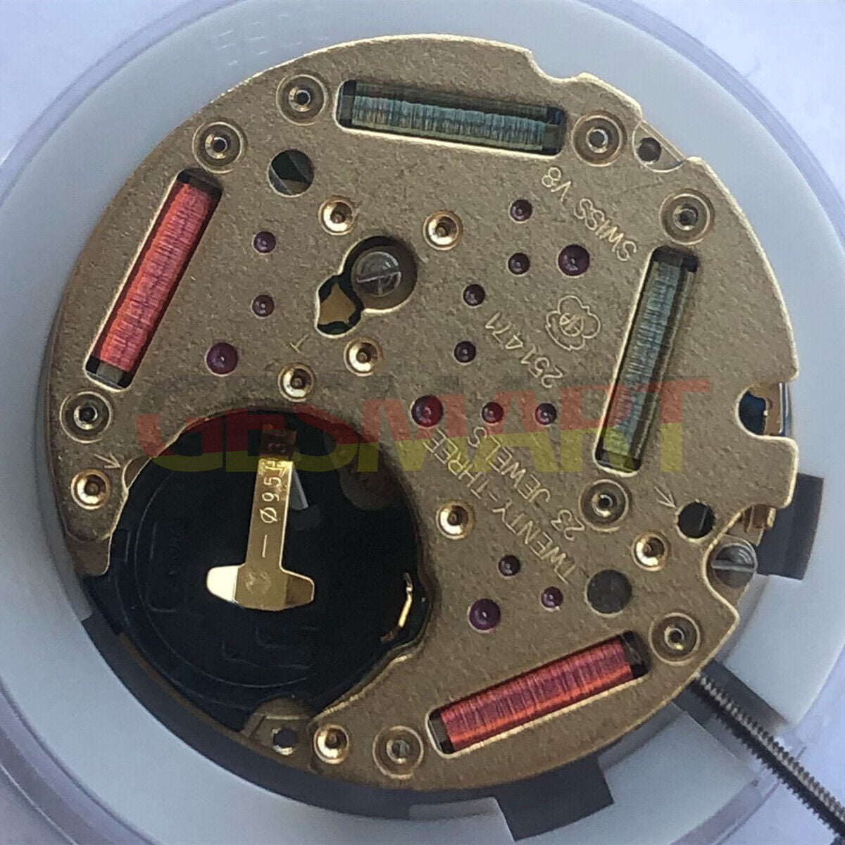 Swiss ETA 251.471 quartz watch movement with 3 hands, date at 6, small seconds at 2, for precise timekeeping.