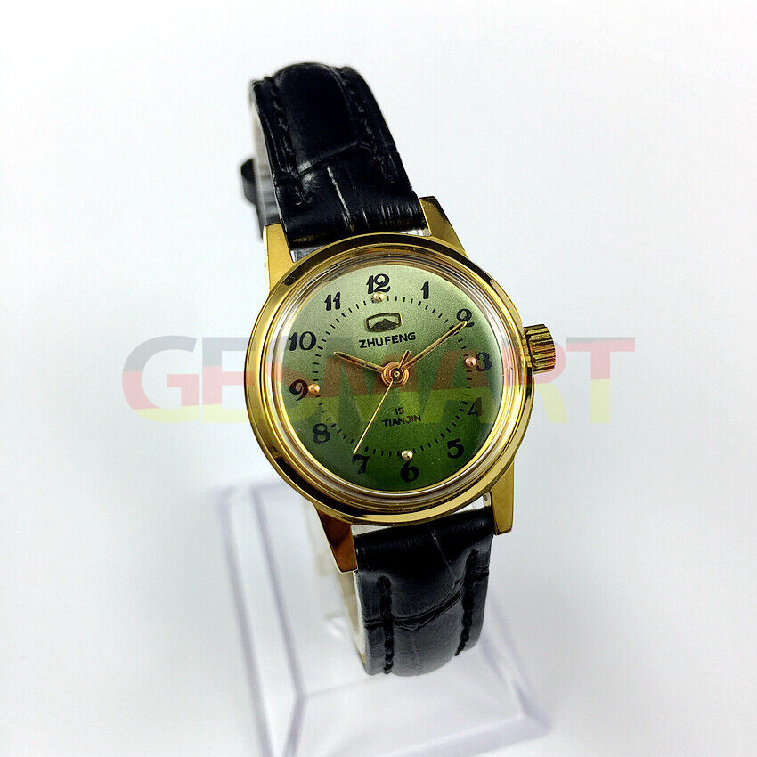 Montre mécanique manuelle Zhufeng pour femme, boîtier rond, 3 aiguilles, fond vert