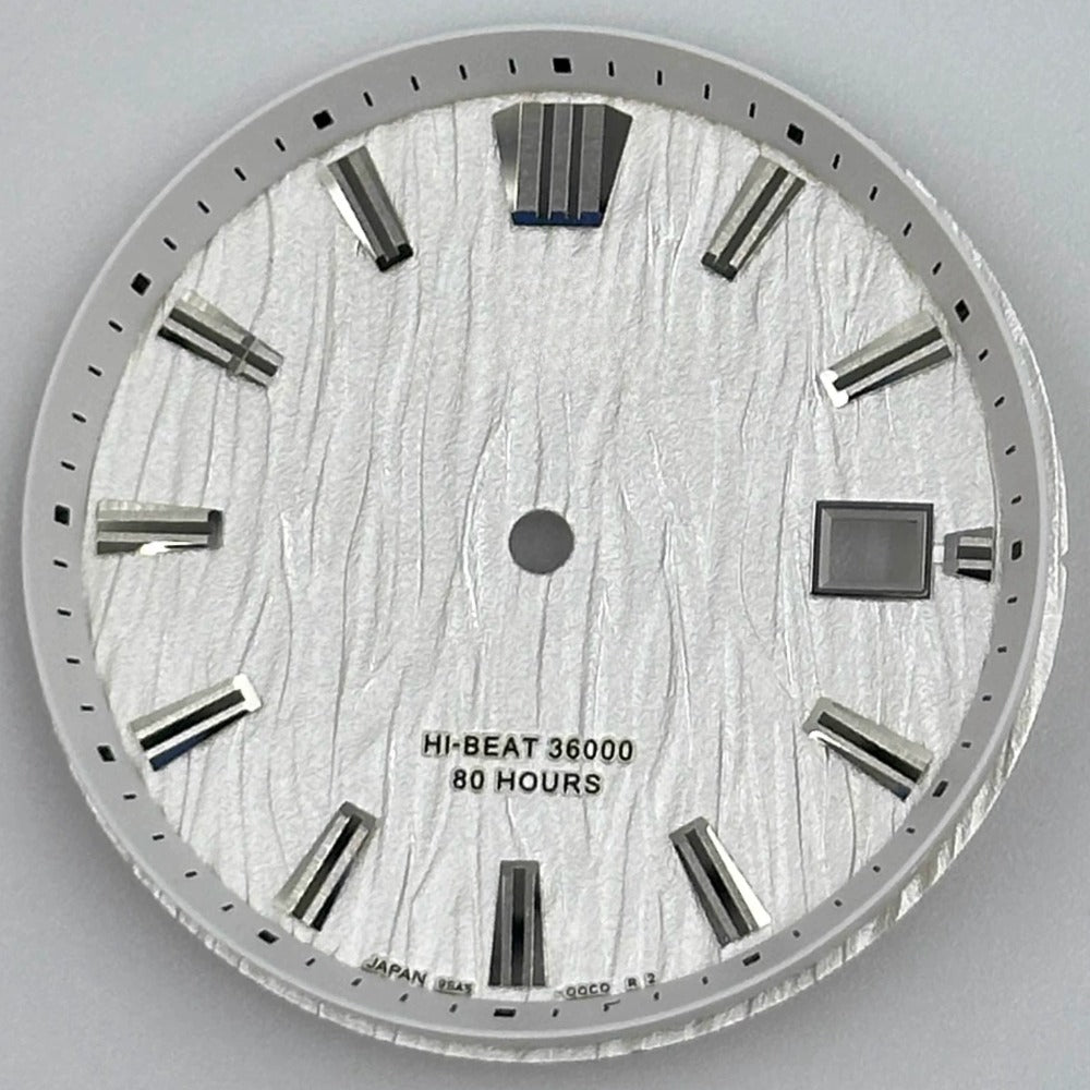 White GS 33.3mm watch dial with no lume, modified waved design, compatible with NH35 movement by GS.