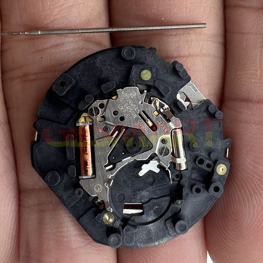 Hattori Epson TMI VX7J quartz watch movement with stem, precision Japanese craftsmanship for repairs and replacements.