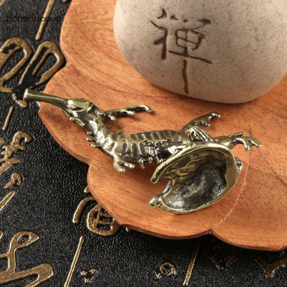 Hand-carved solid copper seahorse, vintage bronze watch accessory display figurine.