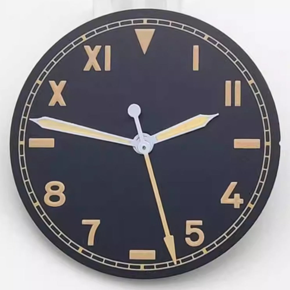 Vintage orange font 28.5mm black watch dial with white hands and green lume, compatible with NH35/36 movements.