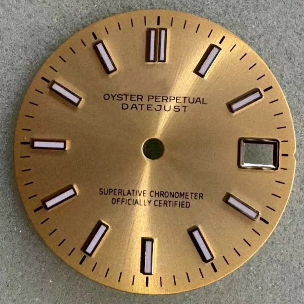 Golden trim Datejust watch dial with green lume, compatible with NH35 movement ? elegant watch accessory.