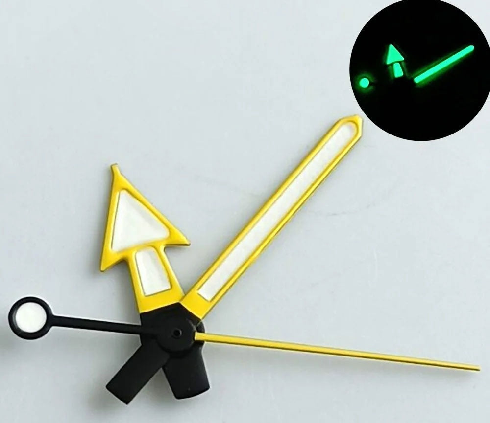 Green lume arrow-shaped watch hands with yellow trim for NH35 NH36 7S26 NH70 NH72 movements.