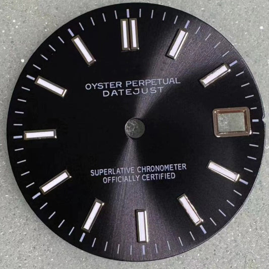 Black background silver trim Datejust watch dial with green lume, compatible with NH35 movement.