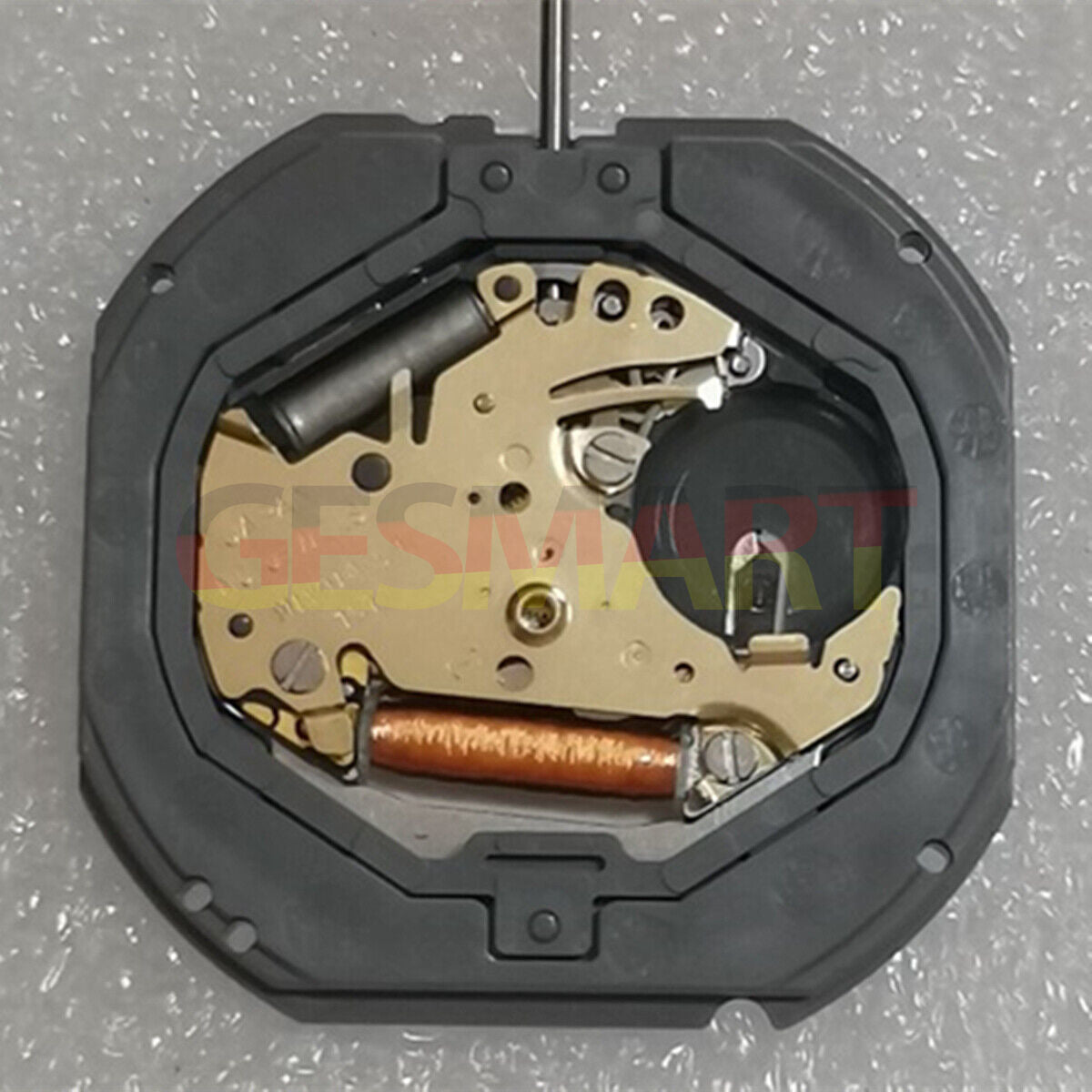 Black dial watch with Miyota 1M12 quartz movement, 3 hands, date at 6 o?clock, sleek stem design.